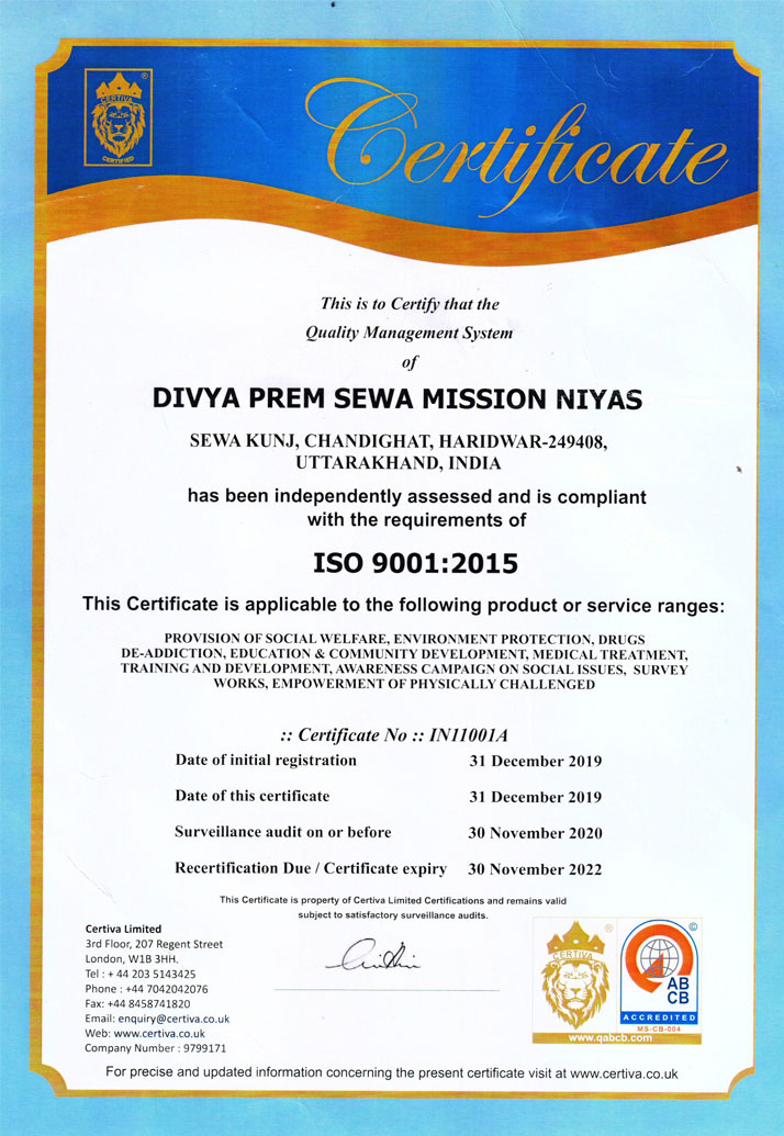ISO 9001:2015 certificate of Divya Prem Sewa Mission